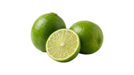 Fresh ripe green lime fruit, both whole and a juicy cut half, isolated on a white background as a healthy citrus ingredient full of sour vitamin juice and tropical freshness