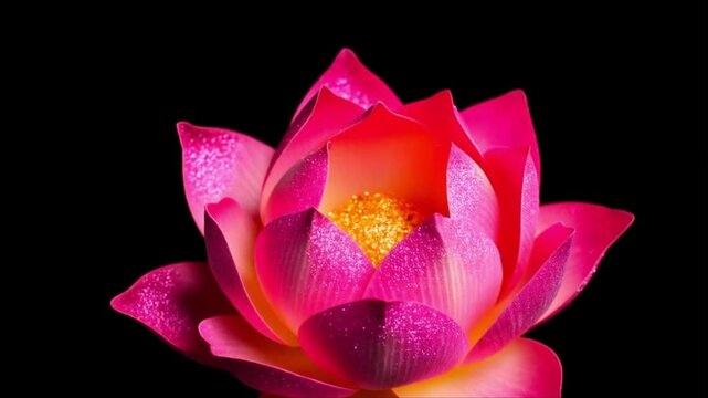 Timelapse d'ouverture et de fermeture d'une fleur de lotus rose &agrave; paillettes isol&eacute; sur fond noir 