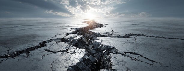 Cracked Earth in the Light: Captivating image of the earth's surface fractured by seismic forces, with a dramatic display of sunlight bursting through the sky.