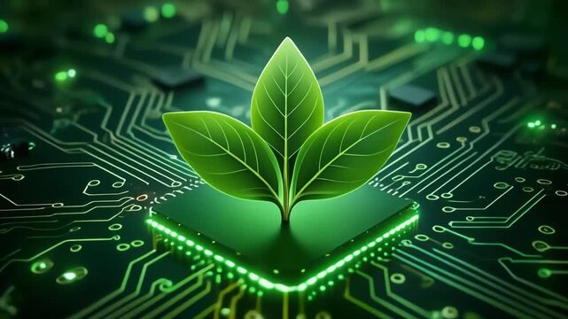 Green technology leaf growing out of CPU processor circuit board digital sustainability eco friendly hardware innovation electronics concept.