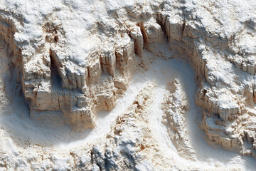 Aerial view of snow-covered canyon landscape with jagged rock formations
