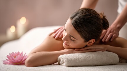 Obraz premium Woman receiving gentle back massage on spa table with lotus flower and soft light
