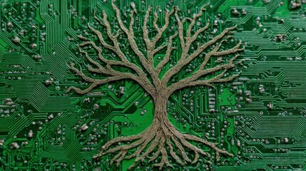 Conceptual fusion of computer circuit board and tree representing green technology and ethics