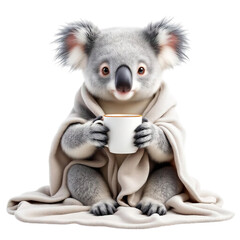 A cute koala sitting on a blanket and holding a cup of coffee on transparent background