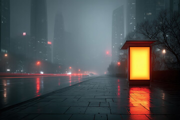 Misty urban night scene with illuminated billboard and wet streets in a foggy cityscape