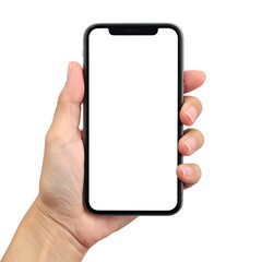 Human hand holding a smartphone with blank white screen, isolated