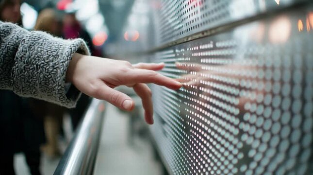 Close-up of a person's hand touching a digital screen with a blurred background in a public area.