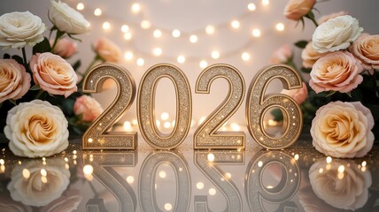 Elegant Gold 2026 New Year Countdown with Sparkling Glitter and Soft Pastel Roses on Reflective Surface