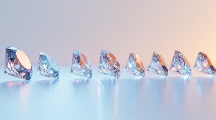 Row of diamonds in various cuts lined up against a soft gradient background each stone reflecting a unique pattern of light The assortment showcases the beauty of different diamond shapes