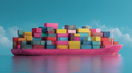 Global Shipping: A vibrant cargo ship, laden with a colorful assortment of shipping containers, gracefully sails across a tranquil sea under a clear sky.