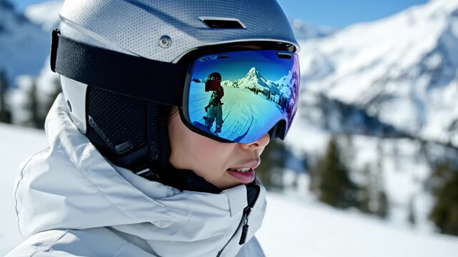 Close up portrait of woman in ski gear with mountains reflected in goggles. Sunny winter day active lifestyle concept for tourism and sport advertisements.
