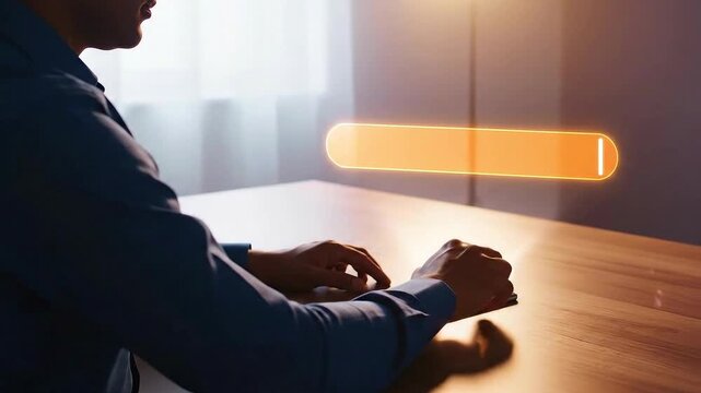 Man Interacting with Futuristic Digital Interface Showing Progress Bar.