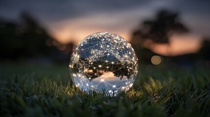 Glowing sphere with network detail, resting on grass, sunset background