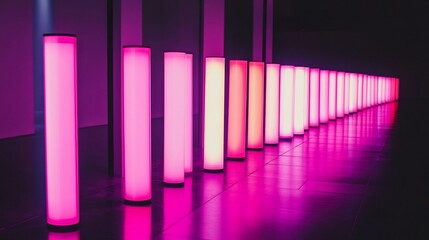 Row of neon light buffers in vibrant pink and purple arranged in an abstract pattern in a dark room casting intense light reflections on a glassy floor creating a sci fi atmosphere
