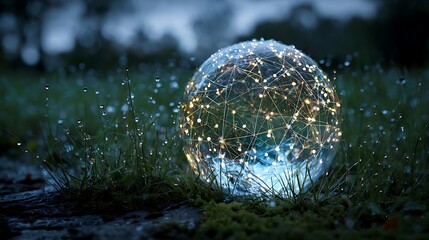 Glowing sphere with network inside resting in wet grass, soft focus background