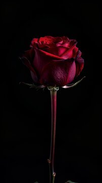 Time lapse,  growing blossom,single, deep red rose in full bloom is displayed against black background, evoking elegance and romance, love, beauty, sophistication, . Themes passion, allure, floral art