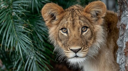 Obraz premium A young lion, with warm golden fur, looks directly at the viewer, framed by green foliage and tree trunk