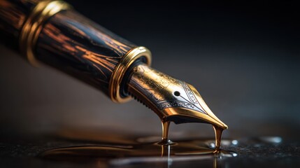 Elegant Fountain Pen with Golden Nib and Ink Flourish