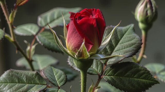 Time lapse,  growing blossom, vibrant red rose bud in full bloom displays delicate petals and nascent green leaves, set indoors, conveying tranquility and natural beauty, nature, growth, springtime.,