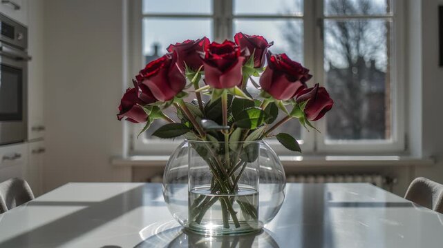 Time lapse,  growing blossom,vibrant bouquet of red roses in clear vase sits on reflective surface, indoors with blurred background, conveying serenity, and featuring green leaves., Elegance, Nature,