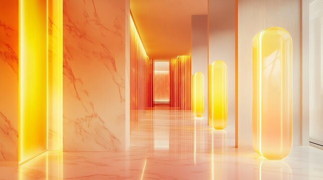 Row of neon light buffers in bright yellow and orange lining a sleek modern hallway casting a warm glow on marble floors and walls creating a vibrant and luxurious atmosphere