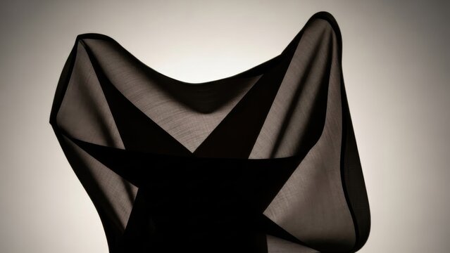 Dynamic dark fabric silhouette revealing intricate folds and translucent textures against a bright