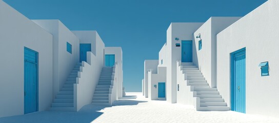 Sun-Drenched White Washed Alley - Vivid Blue Doors, Geometric Staircases, Clear Sky.