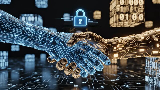 Digital Hands Shaking Confirming Secure Online Transaction Agreement