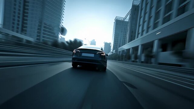 Fast cars create a motion blur of light as they drive through the urban downtown city traffic on a busy highway at night surrounded by tall buildings and architecture