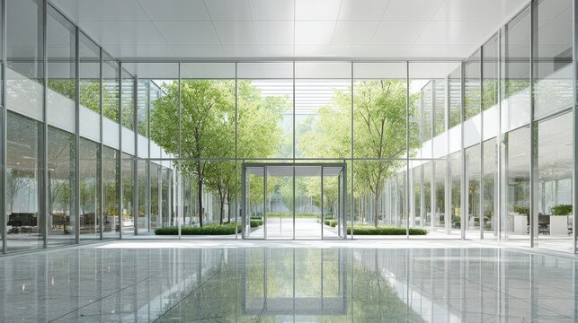 Modern glass office interior with long facade and lab space, one-point perspective