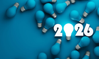 Future innovation concept with glowing light bulb and 2026 number surrounded by blue bulbs representing creativity technology and forward thinking ideas 3d rendering