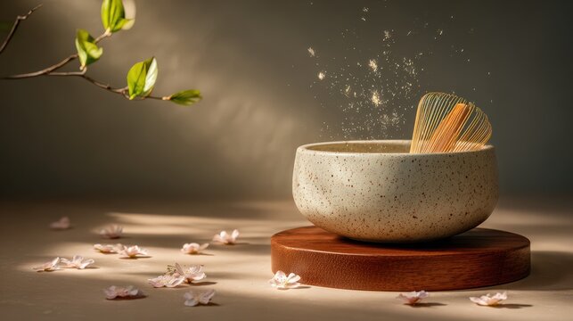 Luxury minimalist packshot of ceramic matcha bowl with bamboo whisk and cherry petals