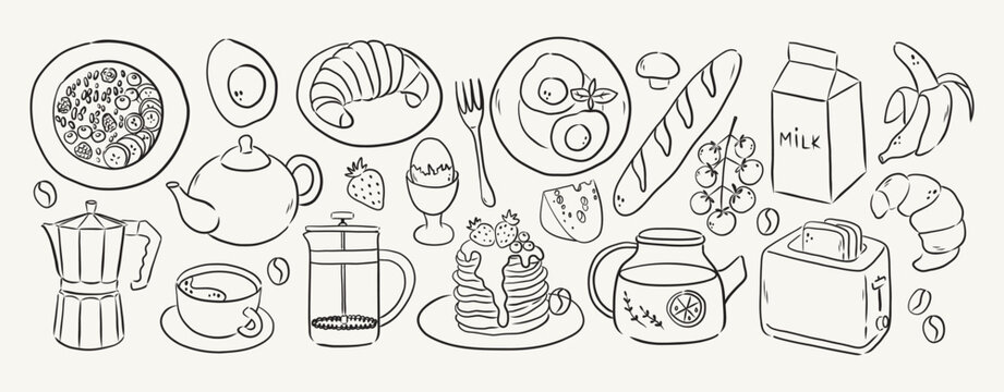 Hand draw whimsical sketch style breakfast elements. 