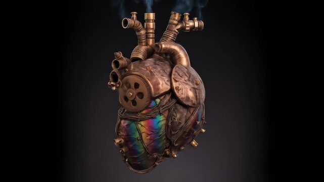 A steampunk-inspired mechanical heart rendered in bronze with intricate gears and a subtle smoke effect