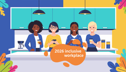 Diverse women team in modern office kitchen promoting inclusive workplace concepts
