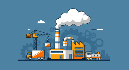 Obraz premium Flat design illustration of a factory production line crane and transport vehicles Industry and logistics concept