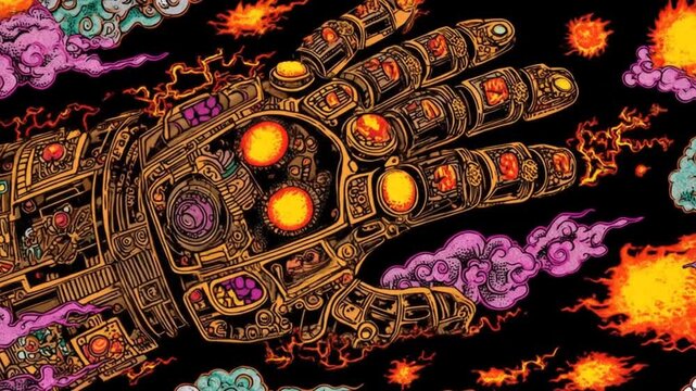 A steampunk-inspired mechanical hand floats against a dark background, surrounded by clouds and fire