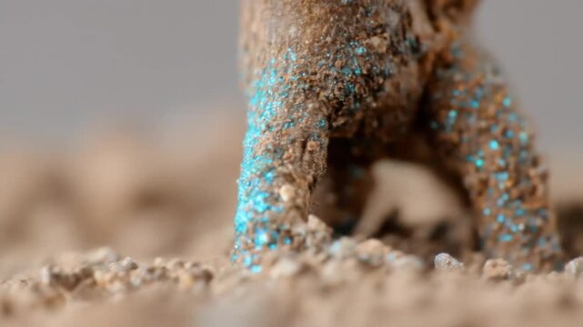 A close-up view reveals a textured wooden root structure dusted with vibrant blue and earth-toned particles