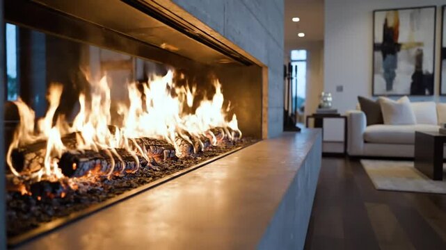 Cozy living room interior featuring a modern fireplace with burning logs and warm ambiance with a neutral color palette