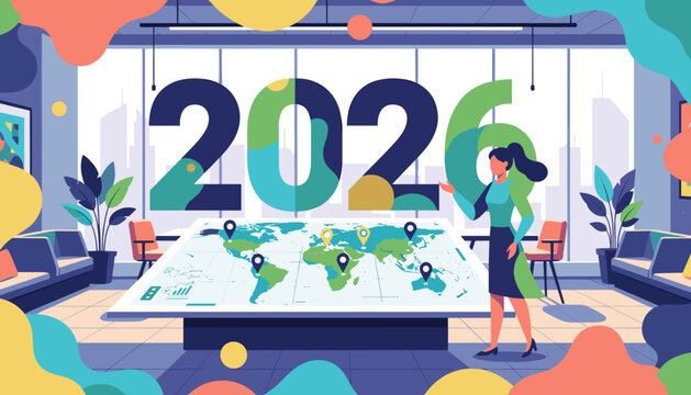 Business executive plans 2026 global strategy with a world map in a modern corporate office