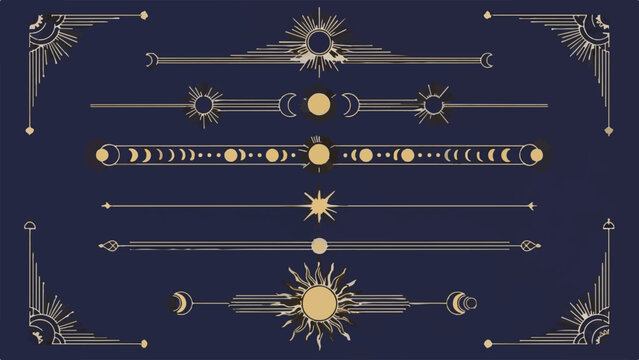 Mystical Art Deco Golden Celestial Vector Dividers and Borders Collection featuring Sun, Moon, and Stars isolated PNG with Transparent Background