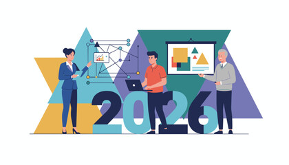 Business professionals plan 2026 strategy using technology data visualization and teamwork