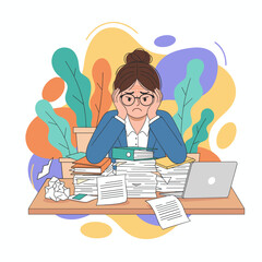Frustrated businesswoman facing work overload and stress at her cluttered office desk