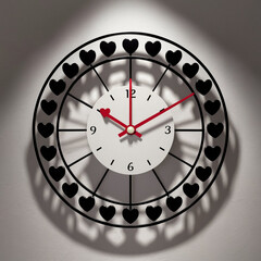 Decorative wall clock with a large red heart face and a frame of smaller hearts