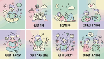 Fototapeta premium Set of illustrations for selfcare daily routine and personal growth reading reflecting dreaming and quiet time