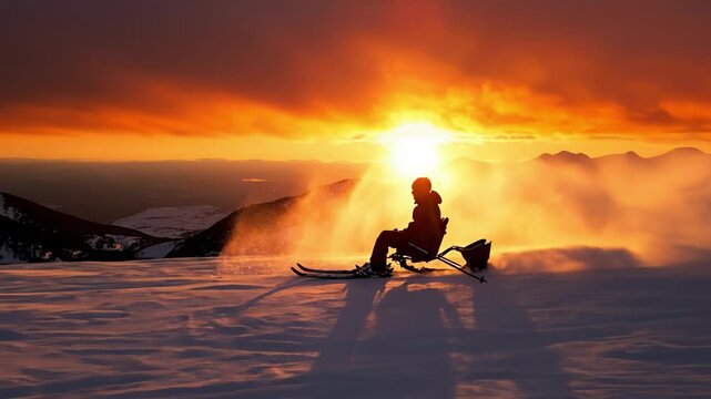 Silhouette of an adaptive skier using a sit-ski on a snowy mountain during a golden sunset. Captures freedom and determination. Perfect for sports and disability awareness concepts.