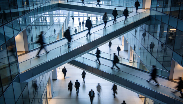 a modern architectural structure featuring multiple walkways filled with blurred figures of people in motion conveying a sense of anonymous