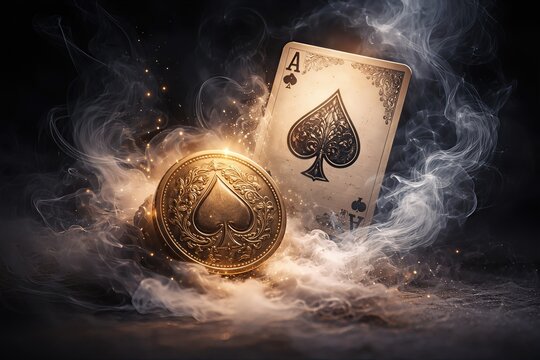 Radiant golden coin and ace of spades card emerge from swirling smoke revealing the essence of chance and luck in a captivating gambling ambiance