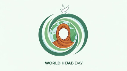 World Hijab Day logo illustration of woman in hijab with globe and dove representing peace and global unity vector graphic