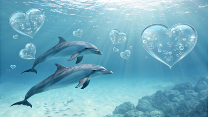 Cool Aqua Valentine Background with Dolphin Silver Blue Tones and Glass Hearts